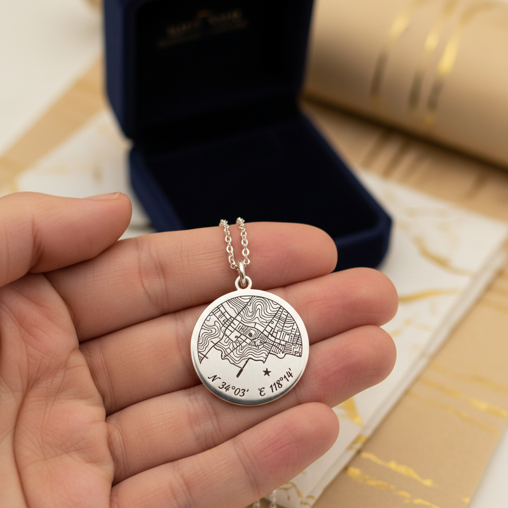 Close-up of personalized map necklace gift